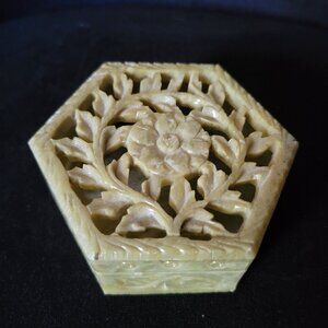 Vintage Carved Soapstone Trinket Box, Green Soapstone Hexagon Trinket Box